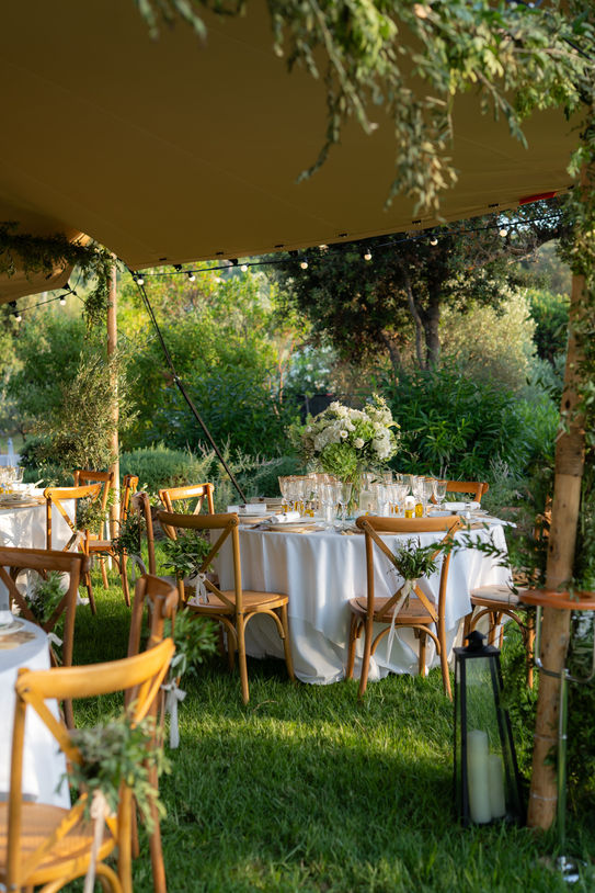 Wedding dinner under elegant tent in Ajaccio Corsica.