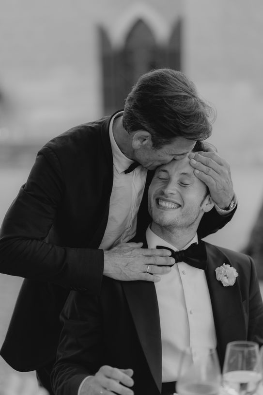 Black and white portrait of bride and groom at Castillo de Bendinat.