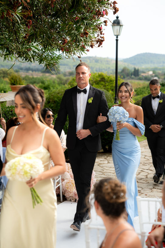 Bride walking toward ceremony at Finca Son Berga Mallorca.