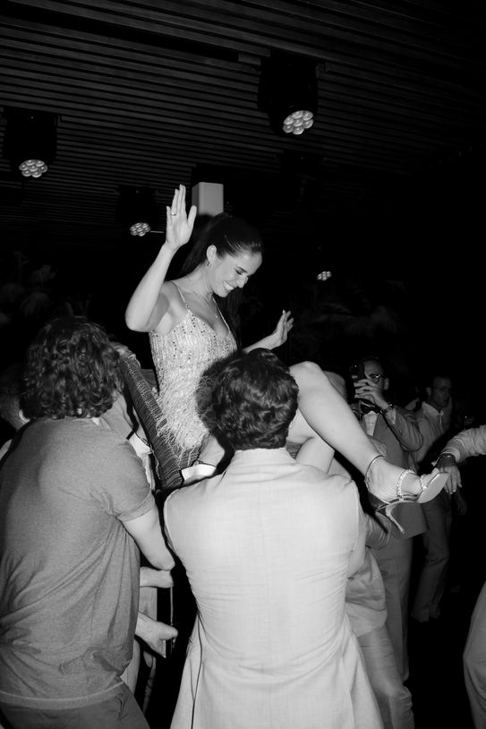 Bride dancing during wedding afterparty in Ibiza Spain.