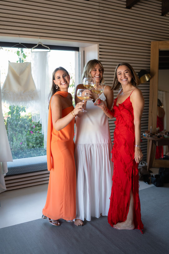 Bride with bridesmaids during wedding preparations at Finca Sonrisa Mallorca.