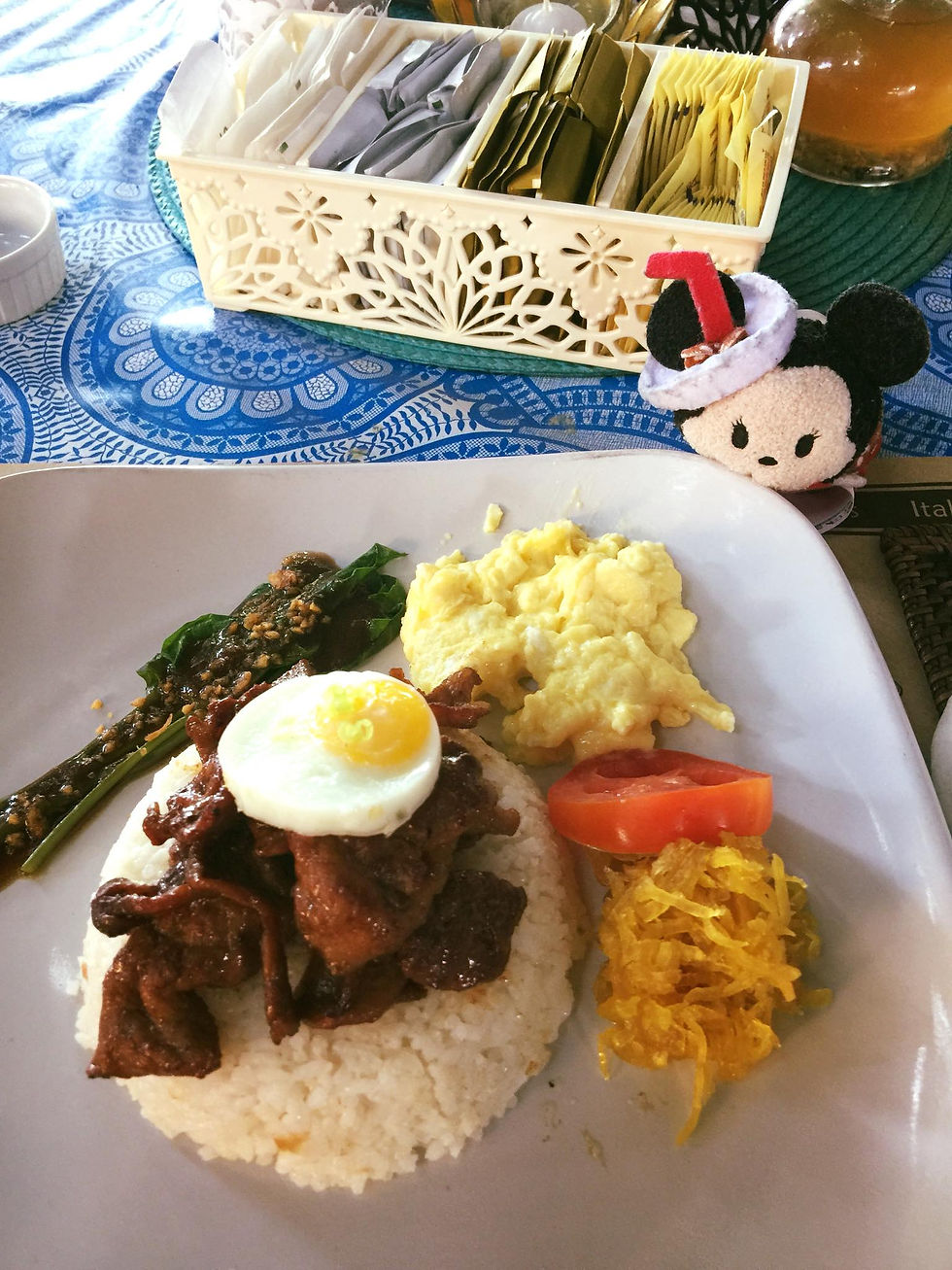 Tapang Taal (tapa from Taal), garlic friend rice, egg, and atchara (pickled papaya). Taken at Paradores del Castillo in Taal, Batangas.