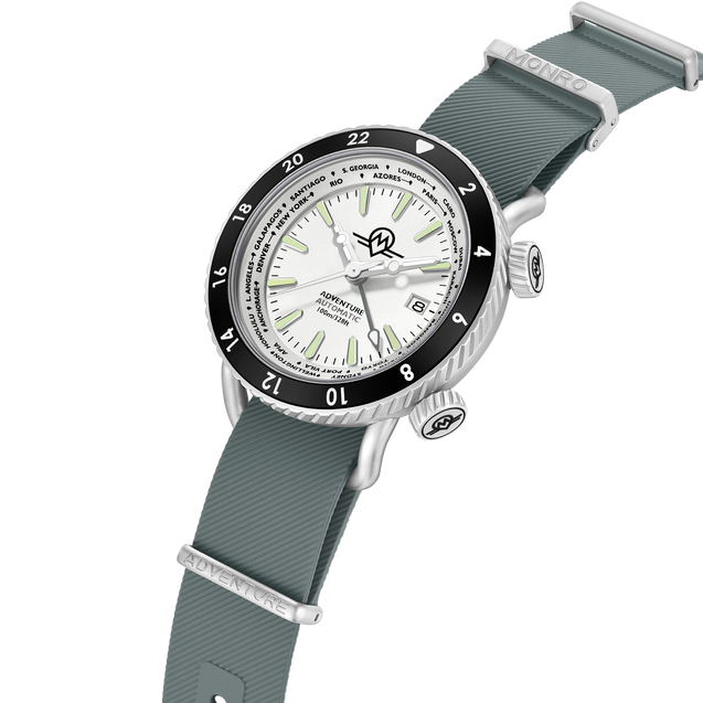 MONRO ADVENTURE is a multi-functional timepiece powered by the Seiko NH34A automatic GMT movement.

 

It allows you to tell the time in 24 locations around the world, go diving to 100m and change between its two straps straight out of the box.  Available now in seven limited edition styles to accompany you on your own adventures.