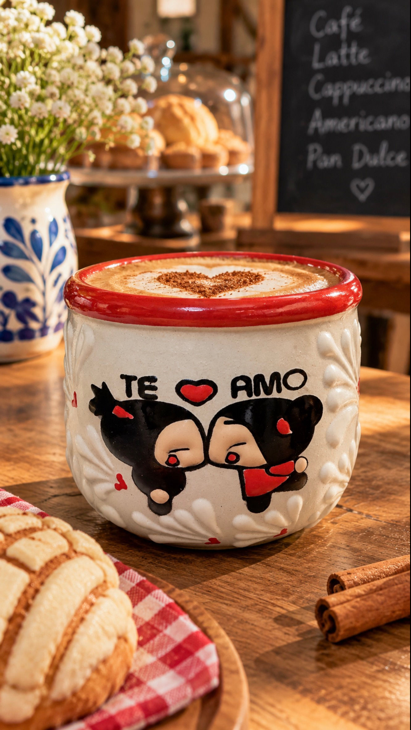 Hand-Painted “Te Amo” Ceramic Coffee Mug with Red Hearts