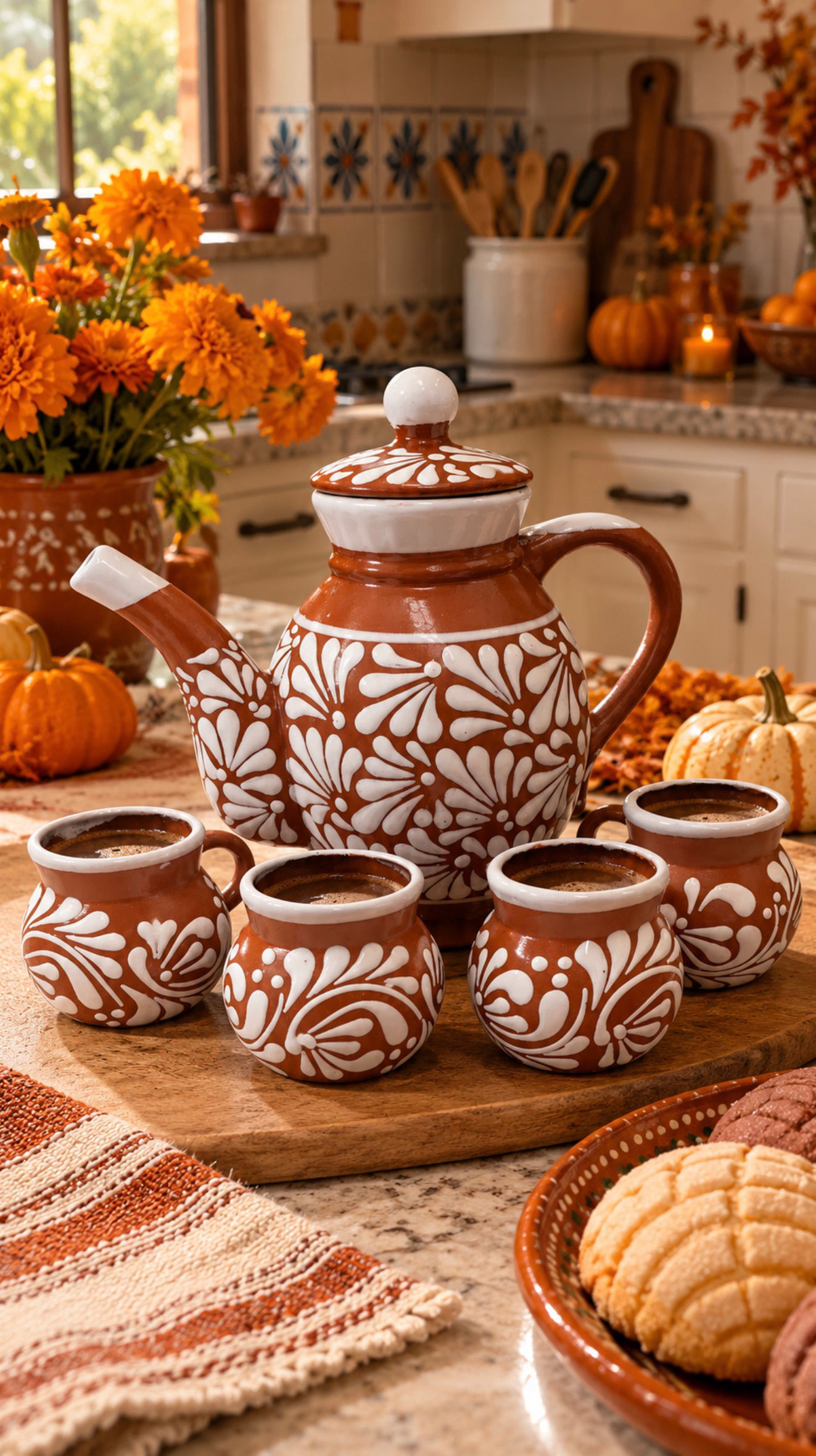Hand-Painted Brown & White Clay Coffee Pot Set with 4 Mugs