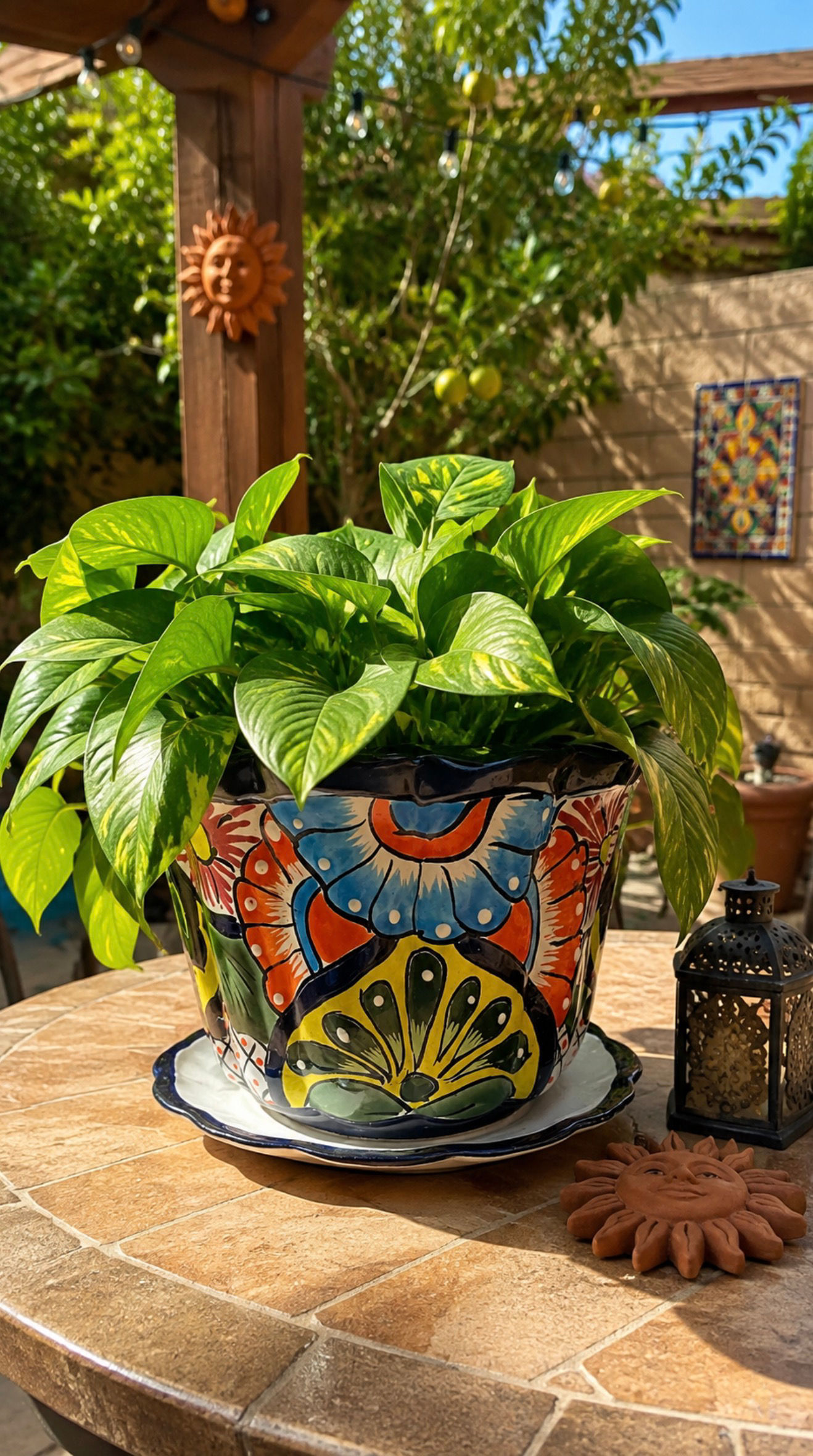 Handcrafted Talavera Planter with Drainage Tray Colorful Mexican Ceramic Flower 