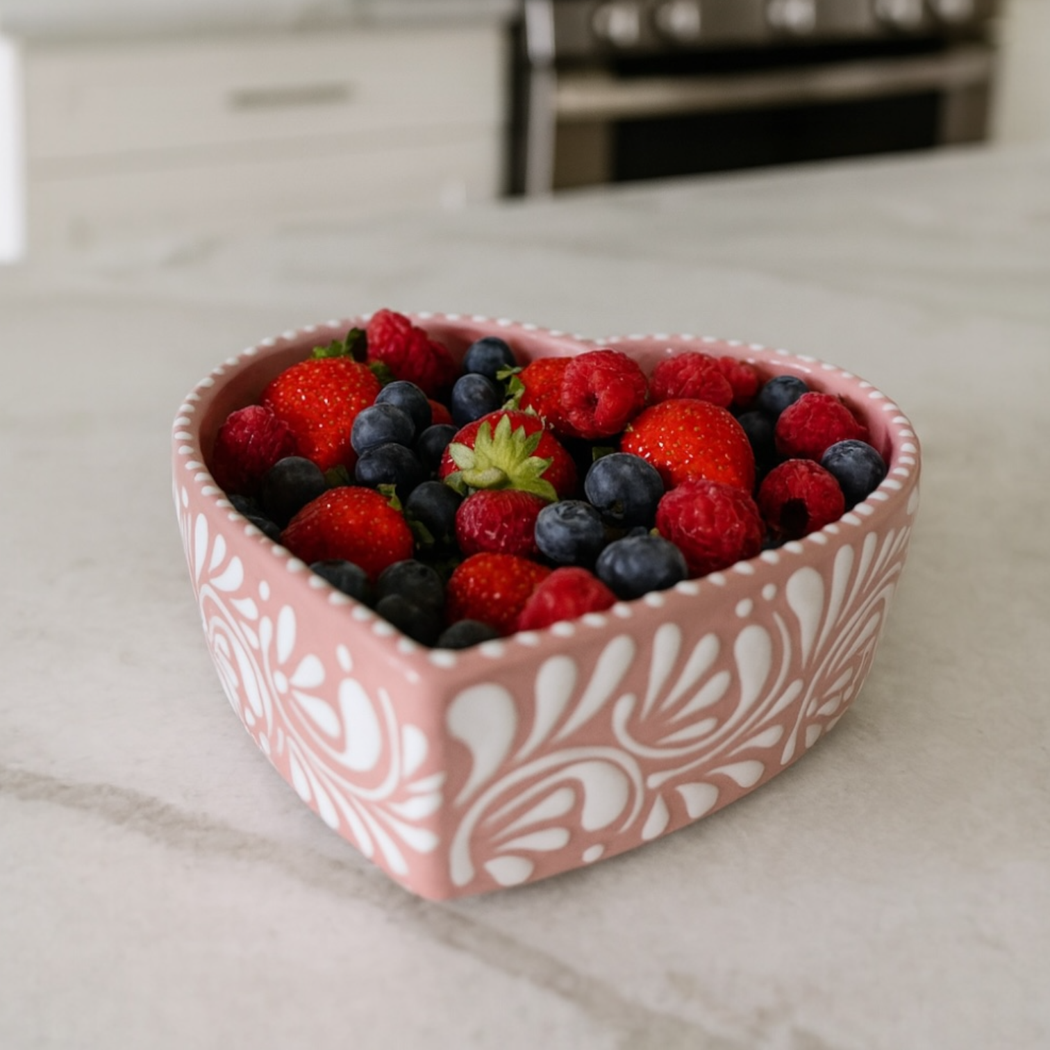 Handcrafted Talavera Heart Shaped Fruit Bowl (Multiuse) | Pink & White 