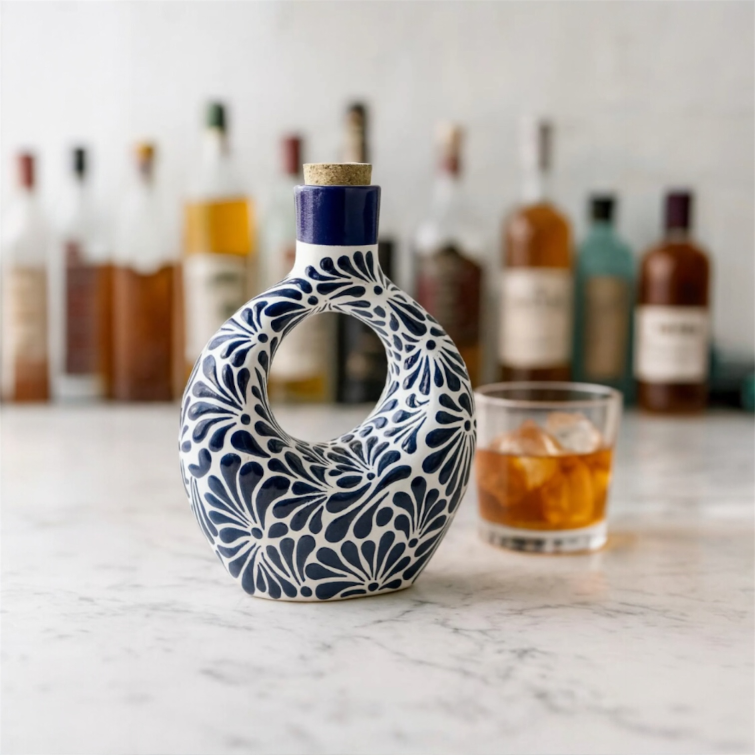 Handcrafted Talavera Mexican tequilero – cobalt Blue Floral Design, Cork Stopper