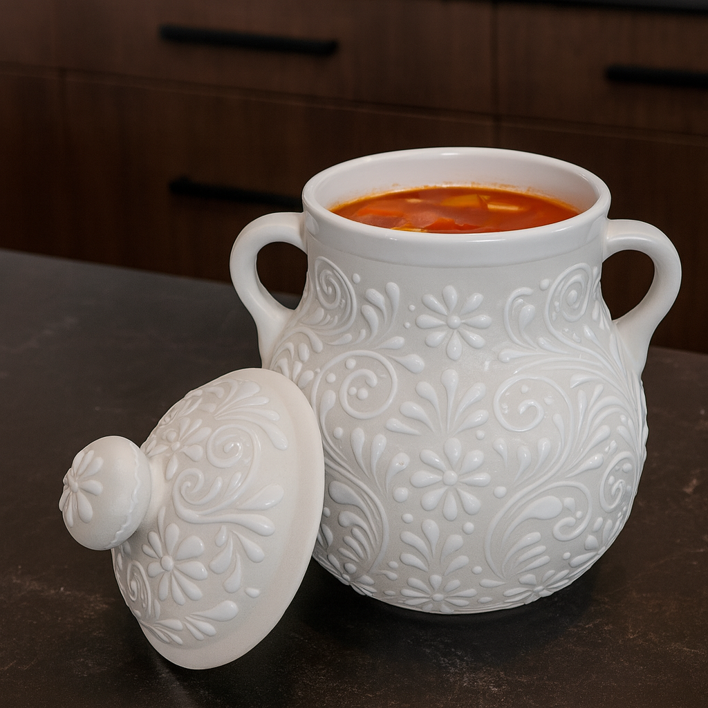 Handcrafted Mexican Talavera Pot with Lid | White & White floral design 