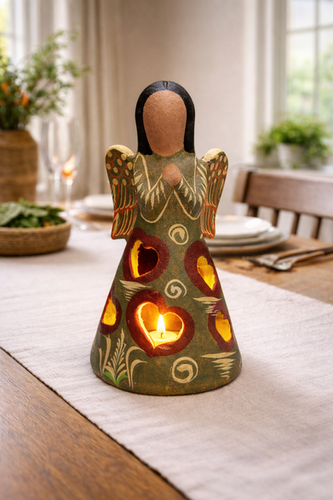 Talavera Angel Candle Holder | Painted Tabletop Décor | Green