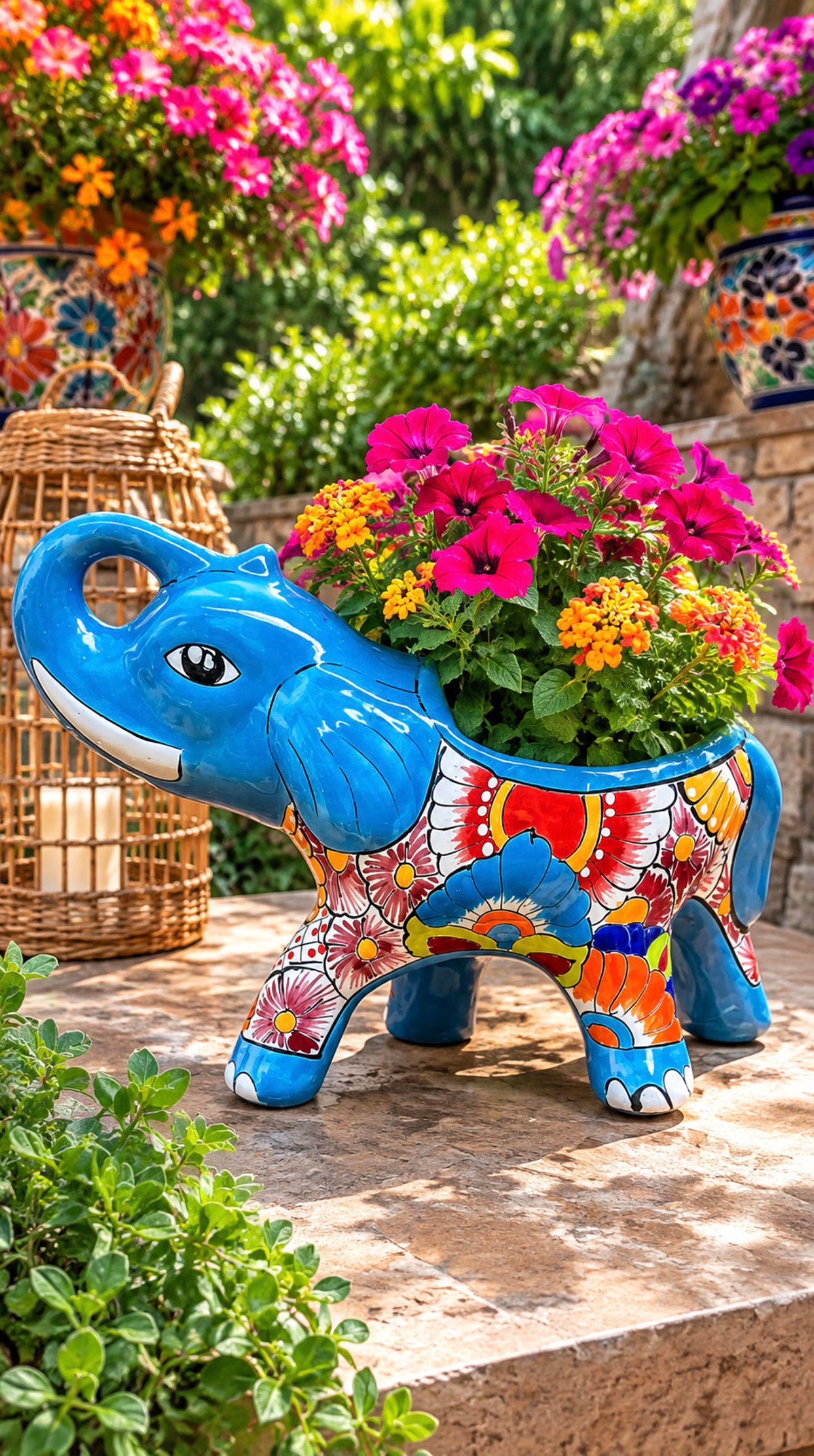 Talavera Elephant Planter Colorful Hand-Painted Garden Pot