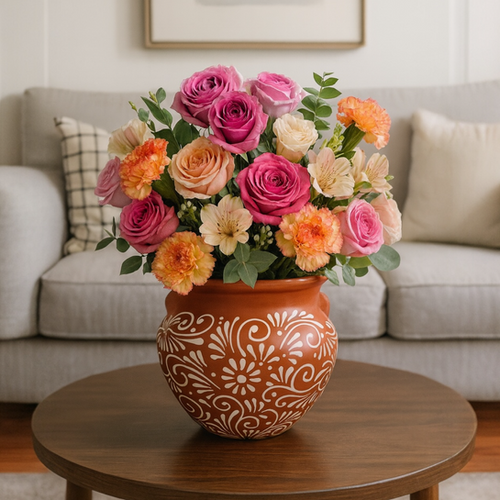 Handcrafted Mexican Talavera Flower Pot | Brown & White Floral
