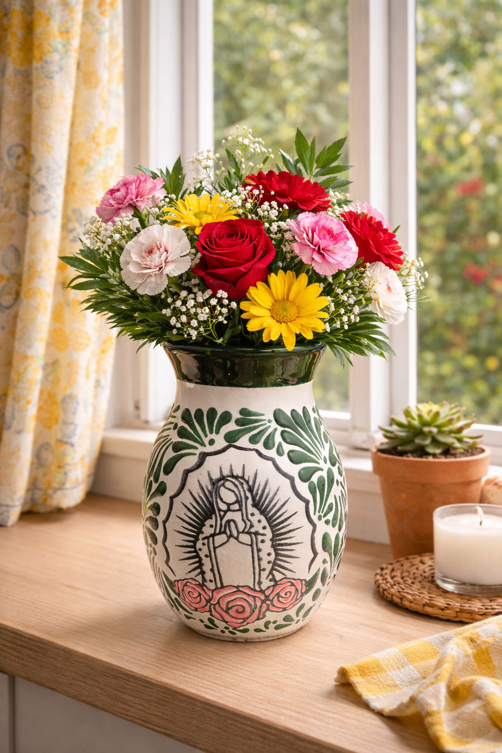Talavera Guadalupe Vase  | Hand Painted Mexican Folk Art | Green, White, Pink