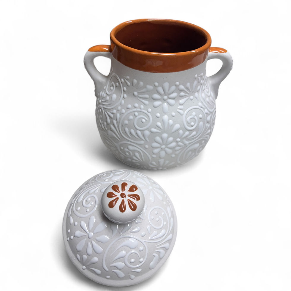 Thumbnail: Handcrafted Mexican Talavera Pot with Lid | White & Brown rim