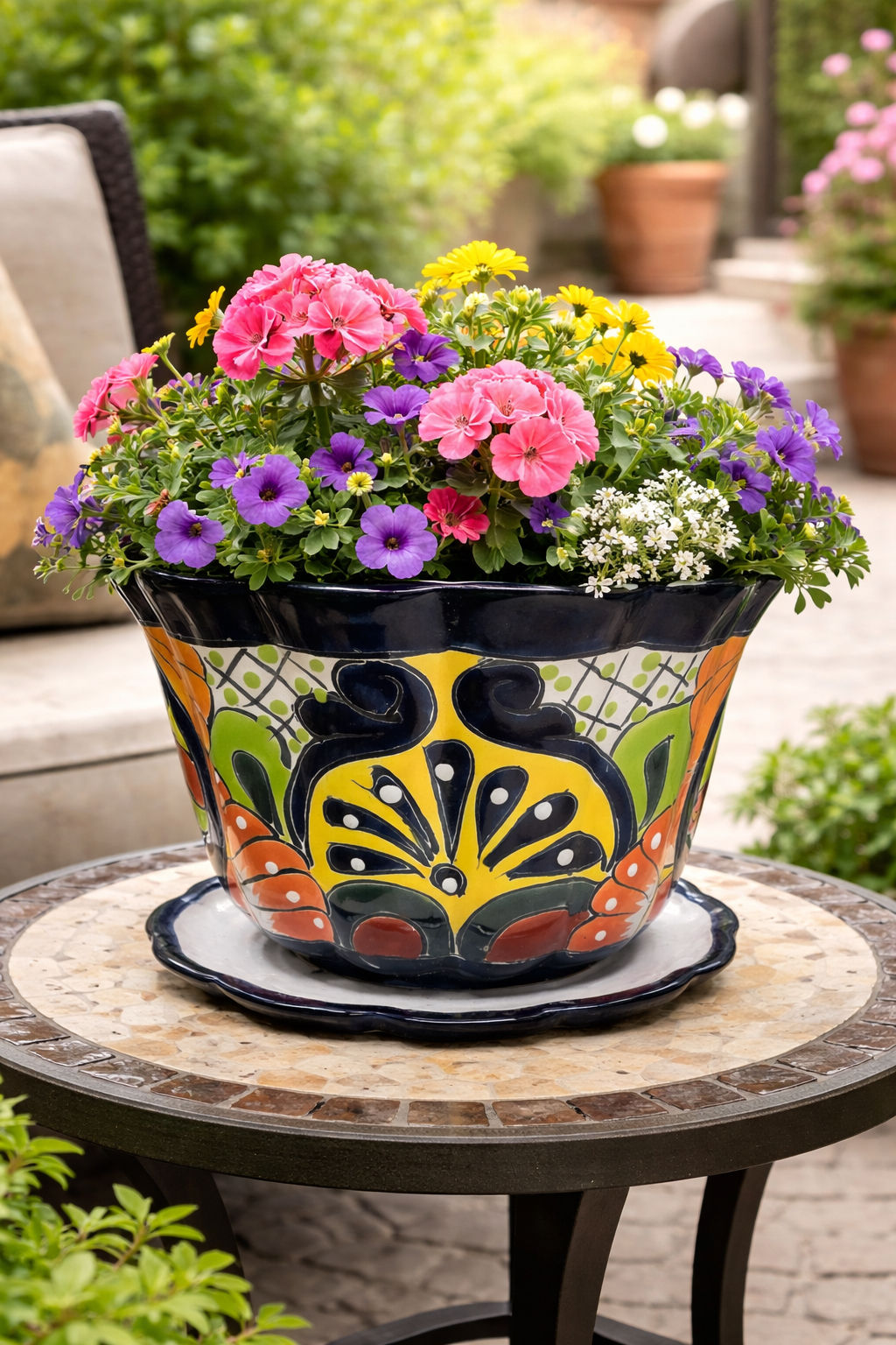 Talavera Floral Planter With Matching Saucer Handcrafted Decor Pot