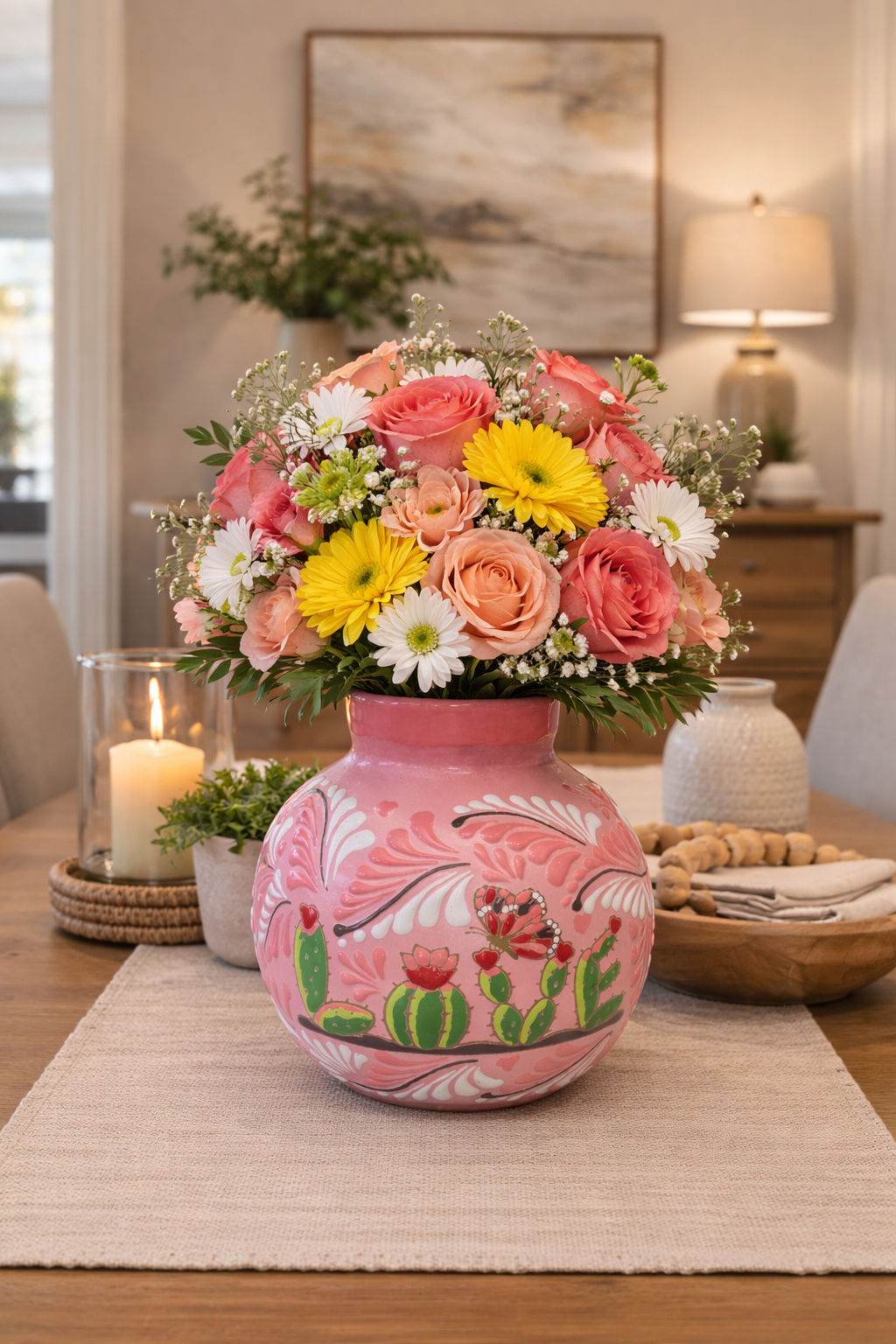 Handmade Pink Talavera Cactus Vase Mexican Talavera Flower Vase Decor