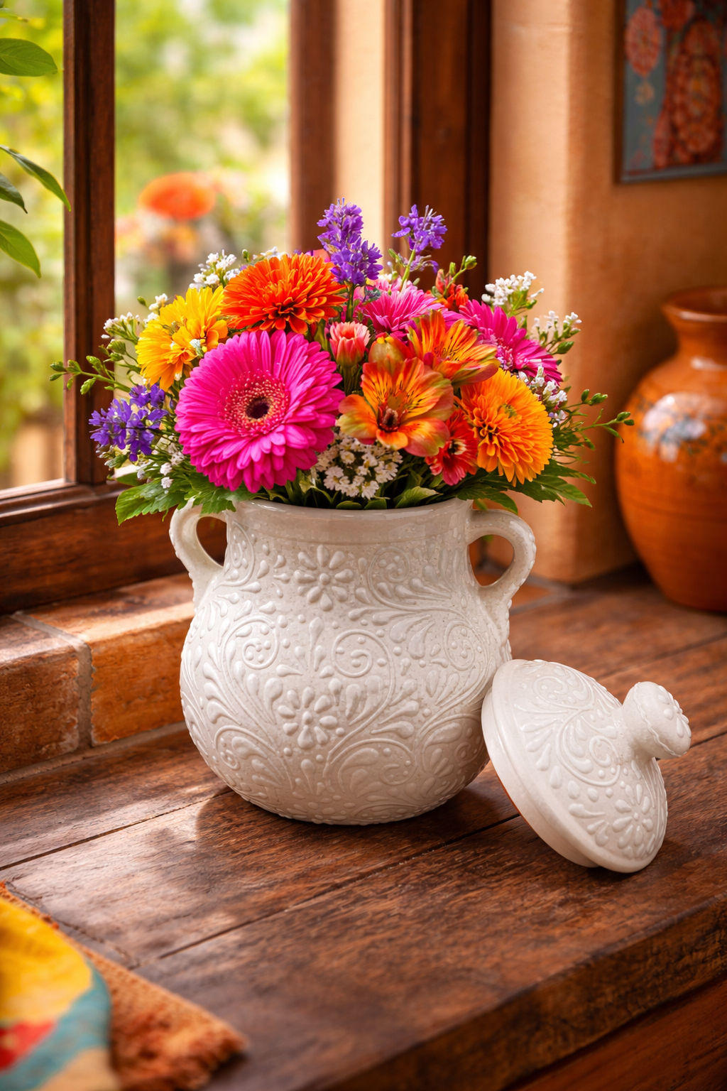 Talavera Embossed Floral Vase With Lid – Elegant White Statement Piece