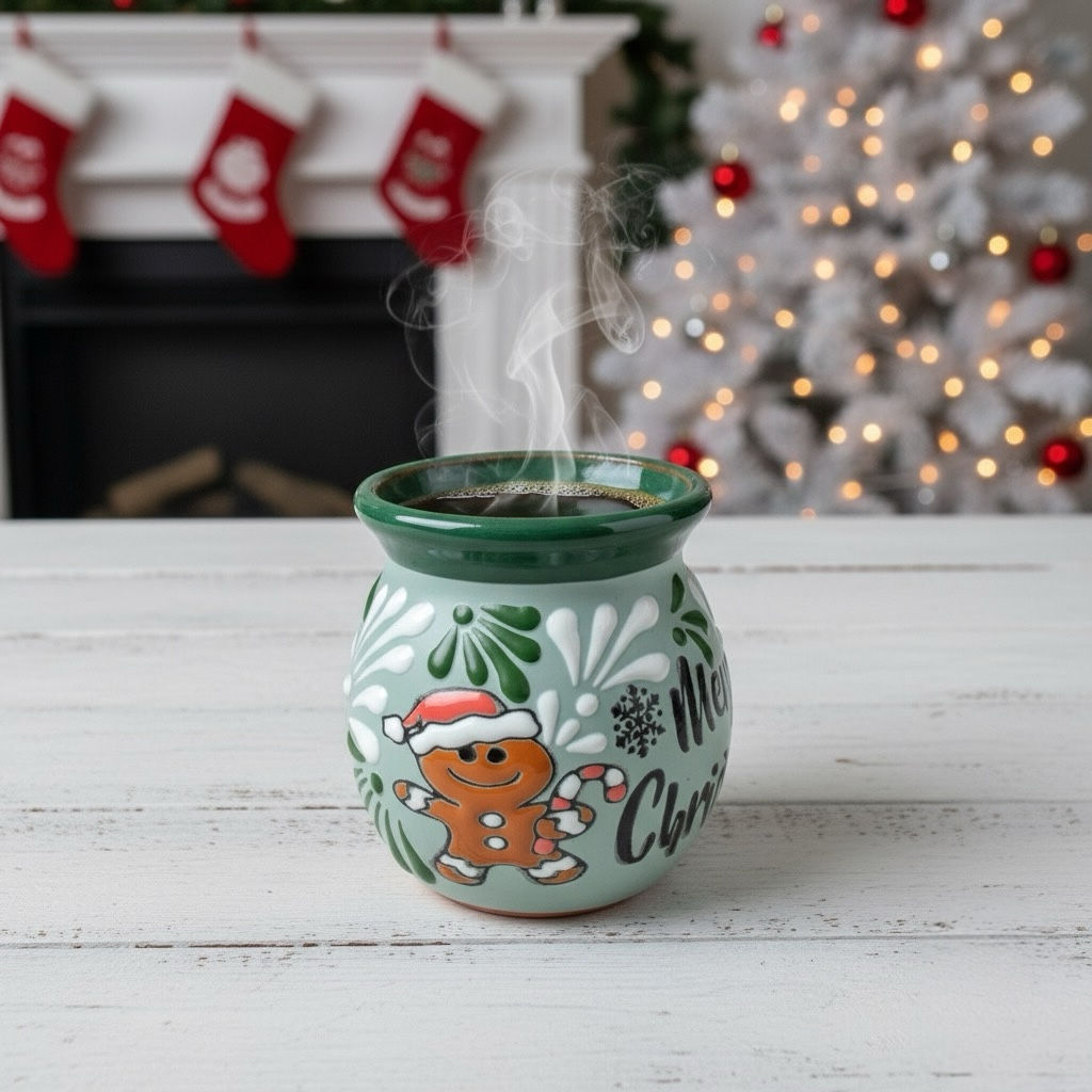 Talavera Christmas Light Green Mug – Lead Free – 4x4 Inches – Gingerbread Santa 