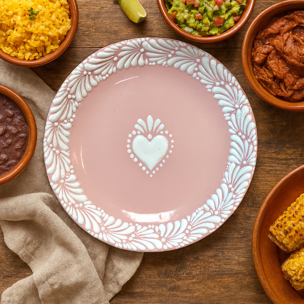 Set of 4 Handcrafted Talavera Heart Design Plates | Pink & White Color