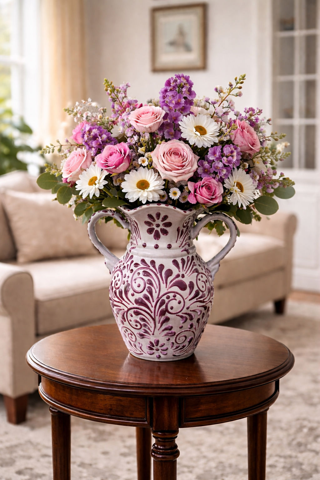 Hand Painted Talavera Floral Vase with Dual Handles | Purple Color