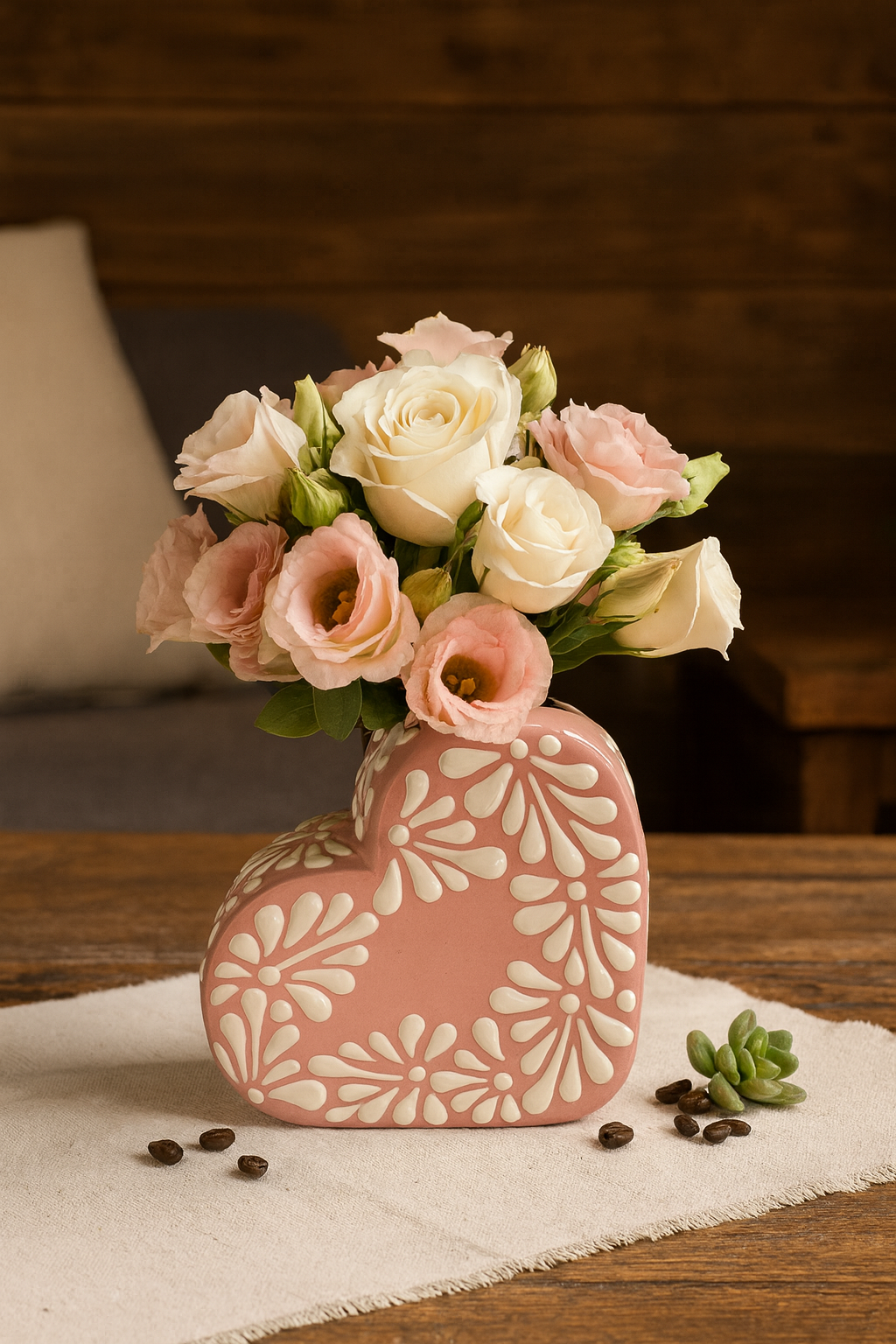 Mexican Talavera Heart Shaped Flower Vase | Pink & White Color 