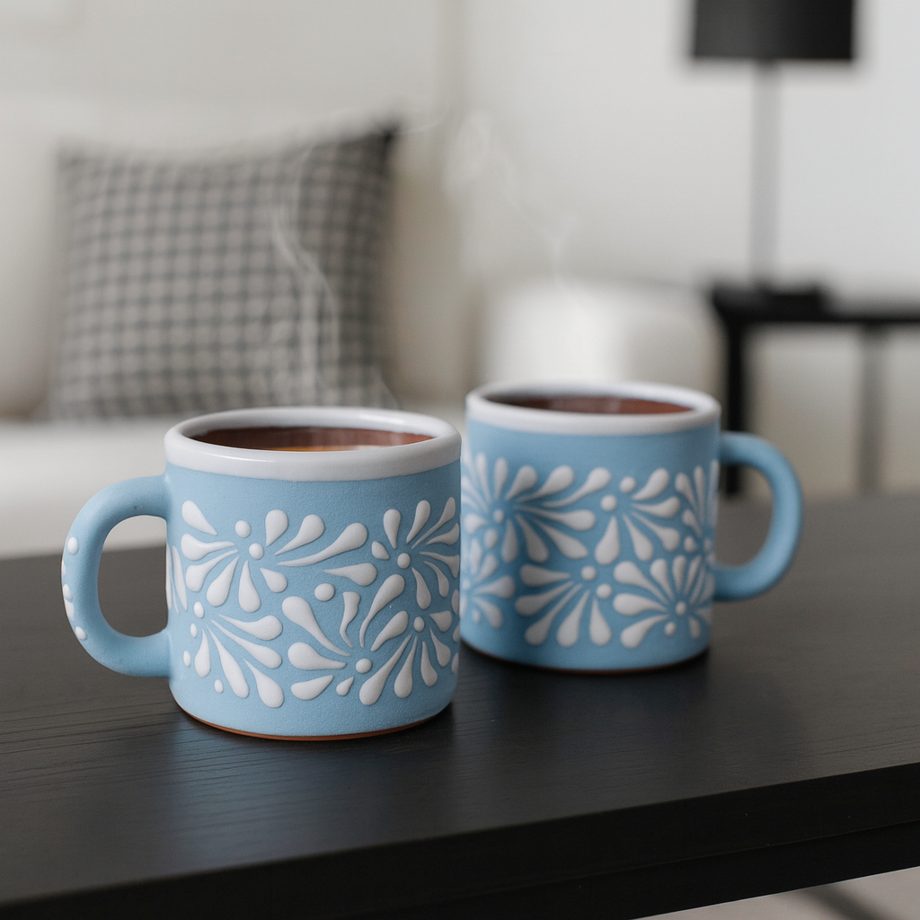 Talavera Mug Set of 2 | Light Blue & White 