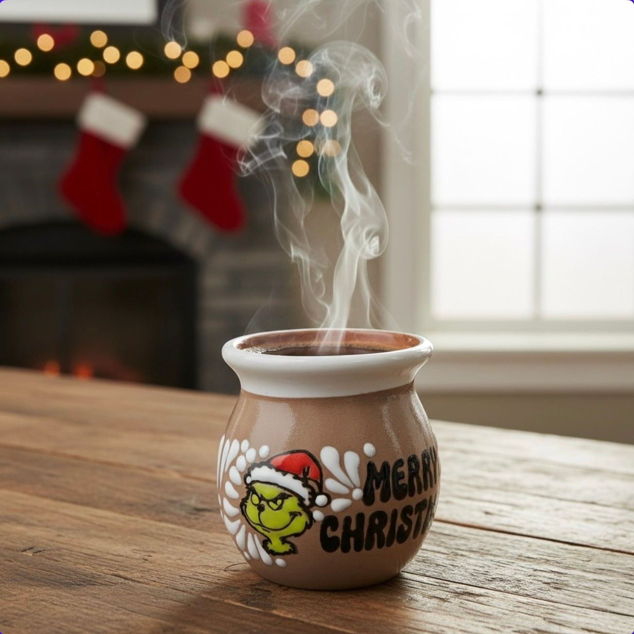 Talavera Christmas Grinch Mug • Brown/White • Lead Free • 4x4” • 12oz • Holiday 