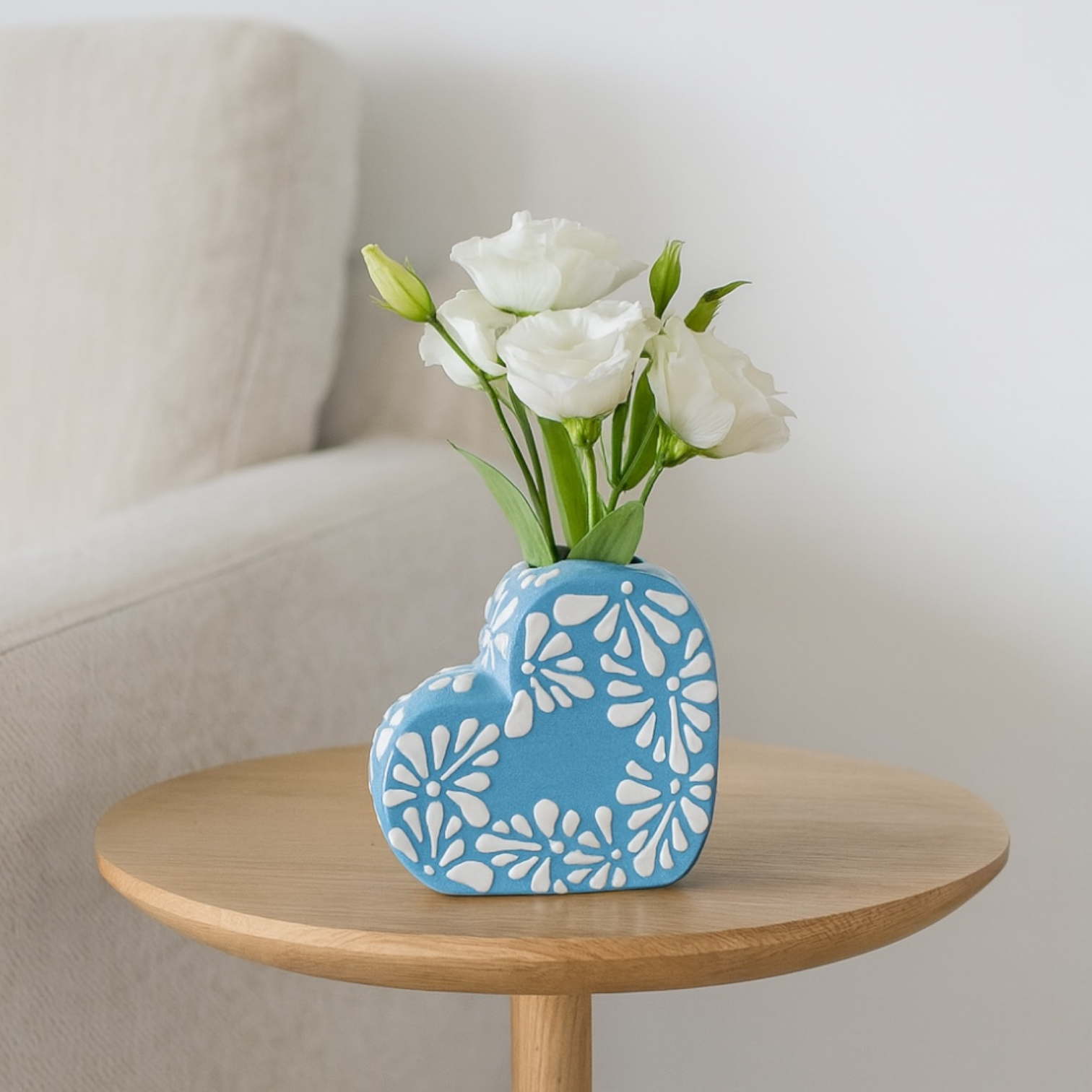 Handmade Talavera Heart Shaped Flower Vase  | Blue & White 