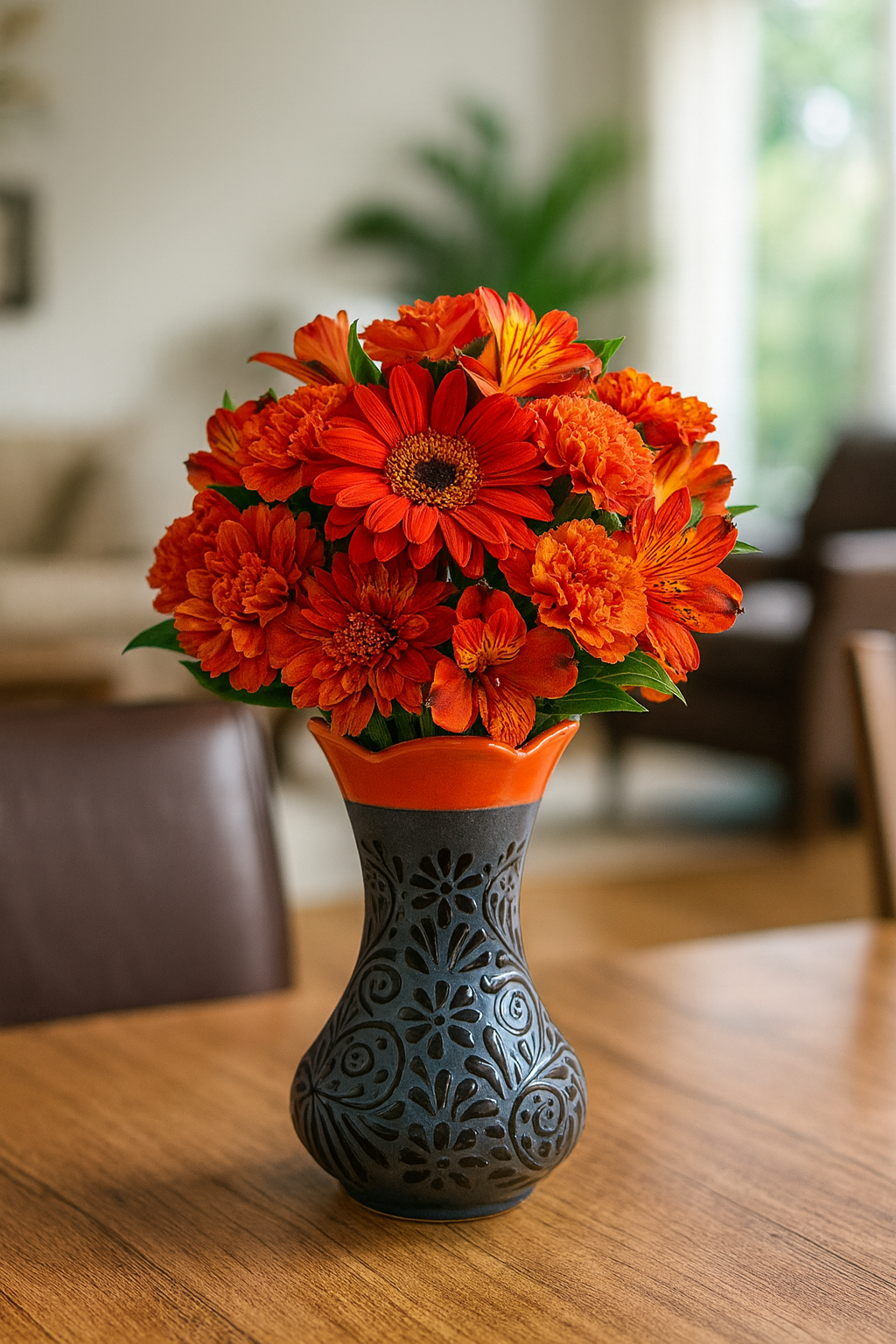 Talavera Mexican Flower Vase Floral | Black & Orange