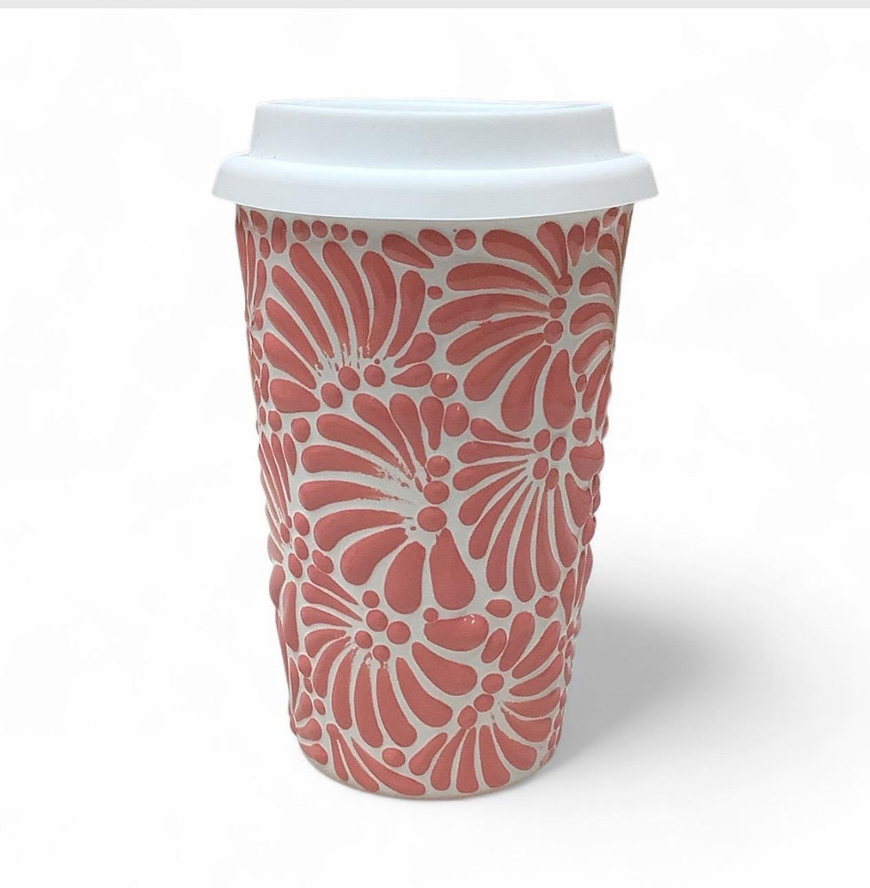 Thumbnail: Talavera Pink Floral (Plumeado) Thermo 6x3.5” Inches – 14 oz – Lead Free, Microw