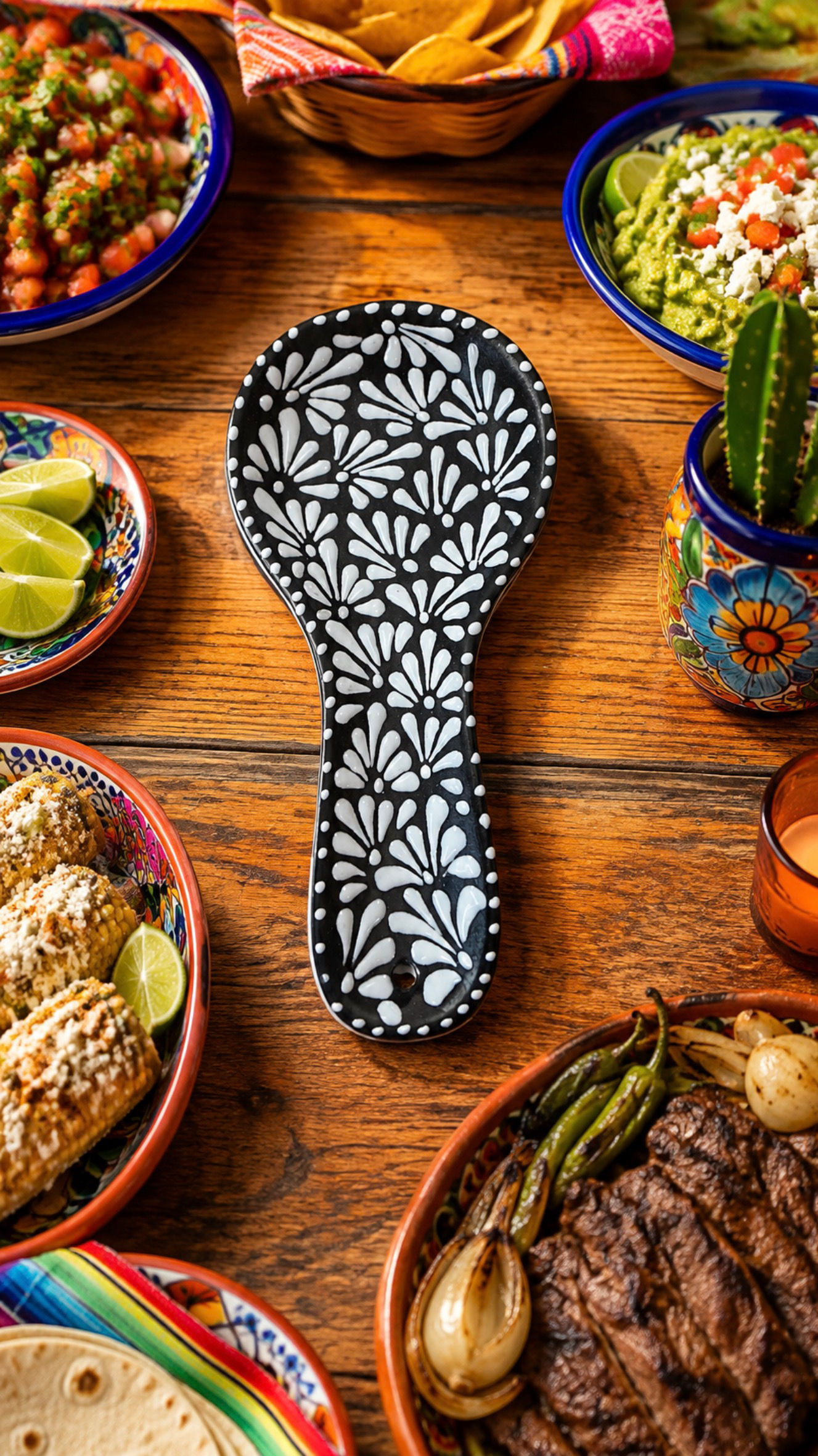 Black & White Floral Talavera Spoon Holder – Handmade Mexican Ceramic Spoon Rest
