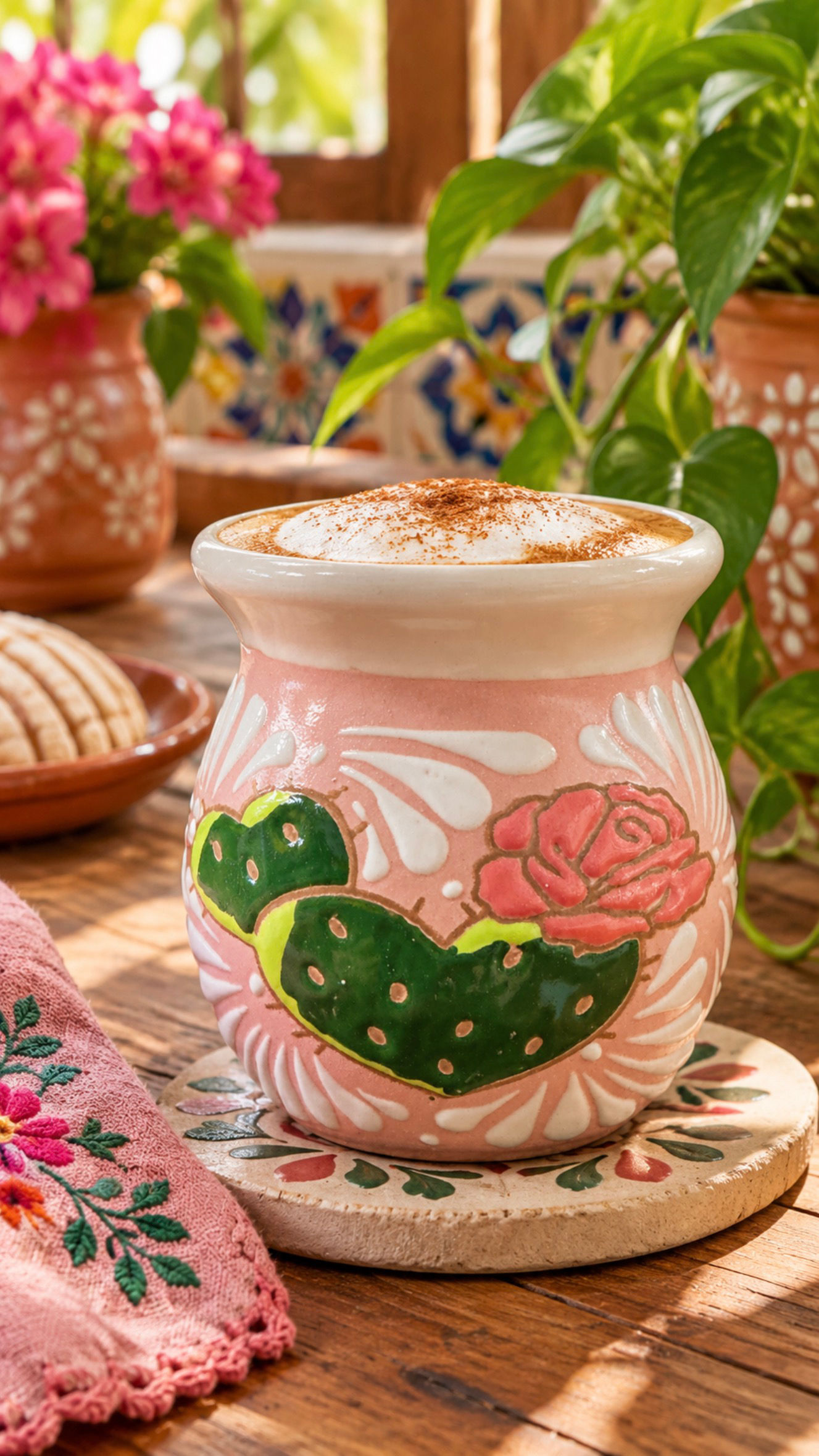 Pink Cactus & Rose Hand-Painted Ceramic Mug
