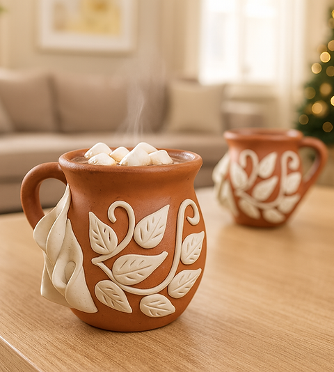 Handcrafted Oaxaca Jarrito Mugs, Set of 2: Floral Design, Rustic