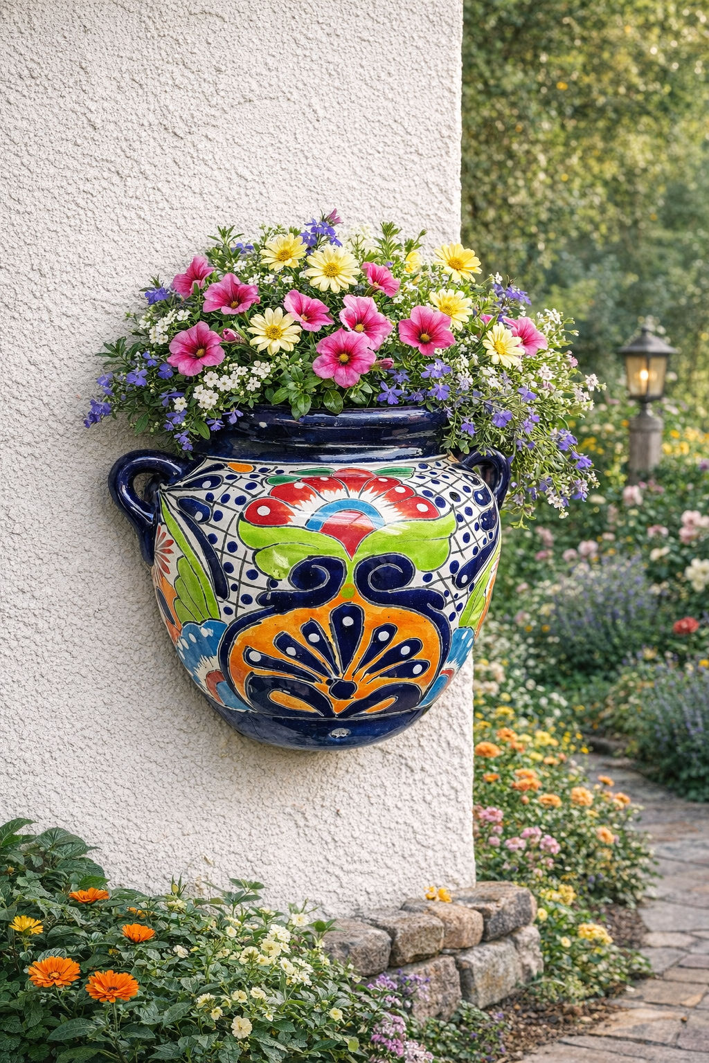Hand Painted Talavera Wall Planter with Dual Handles Outdoor & Garden Accent