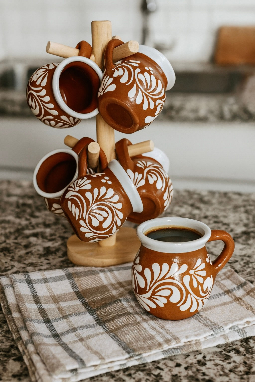 Talavera Jarritos Set of 6 with Stand | Brown & White Color