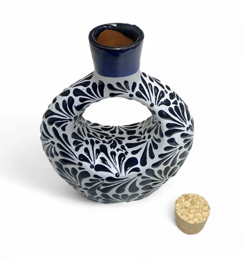 Thumbnail: Handcrafted Talavera Mexican tequilero – cobalt Blue Floral Design, Cork Stopper