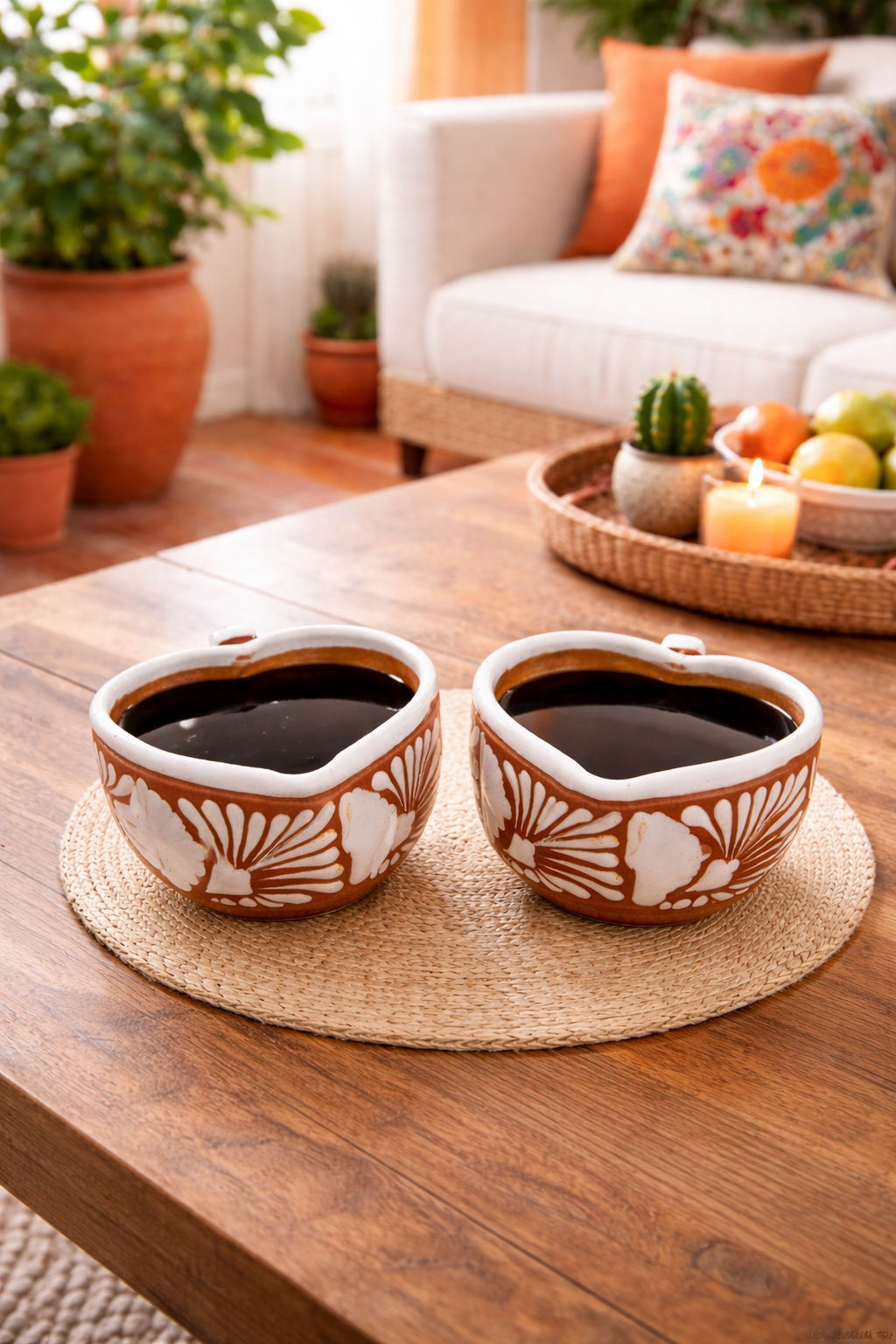 Set Of 2 Heart-Shaped Talavera Cups | Brown & White Color