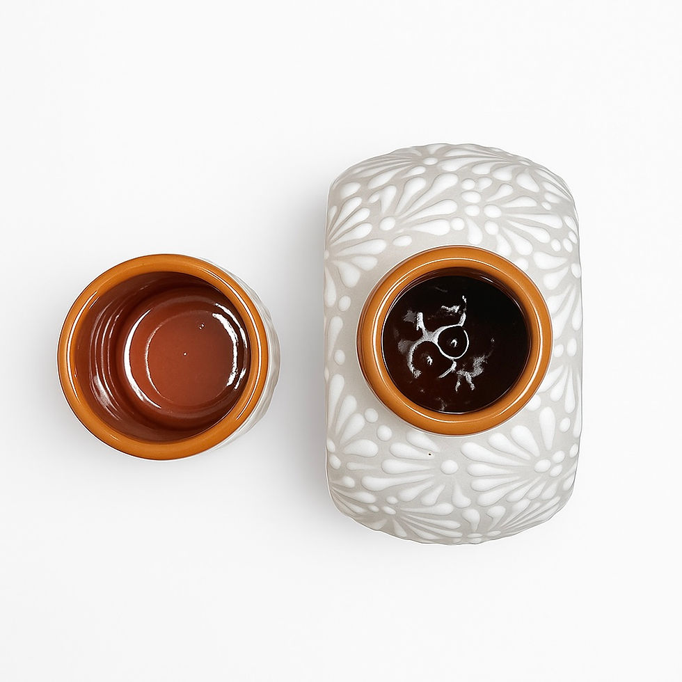 Thumbnail: Handcrafted Talavera Butterfly Tequilero Set | White & Teracotta Rim