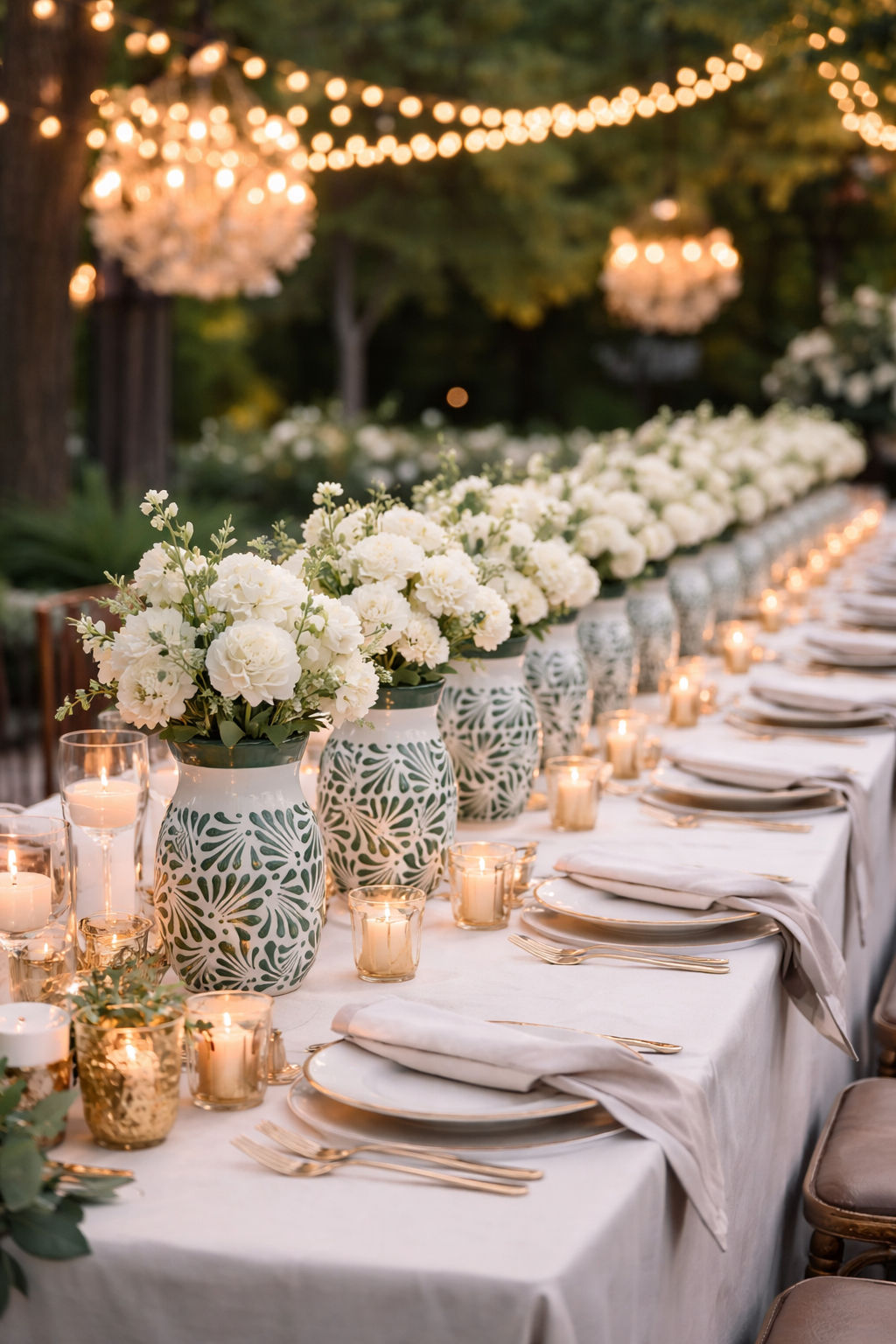 Set Of 12 Talavera Vase Centerpieces Elegant White and green Floral Design Set