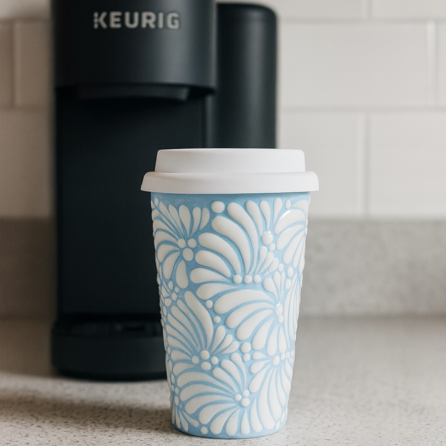 Handcrafted Talavera Travel Thermo with Lid | Blue & White