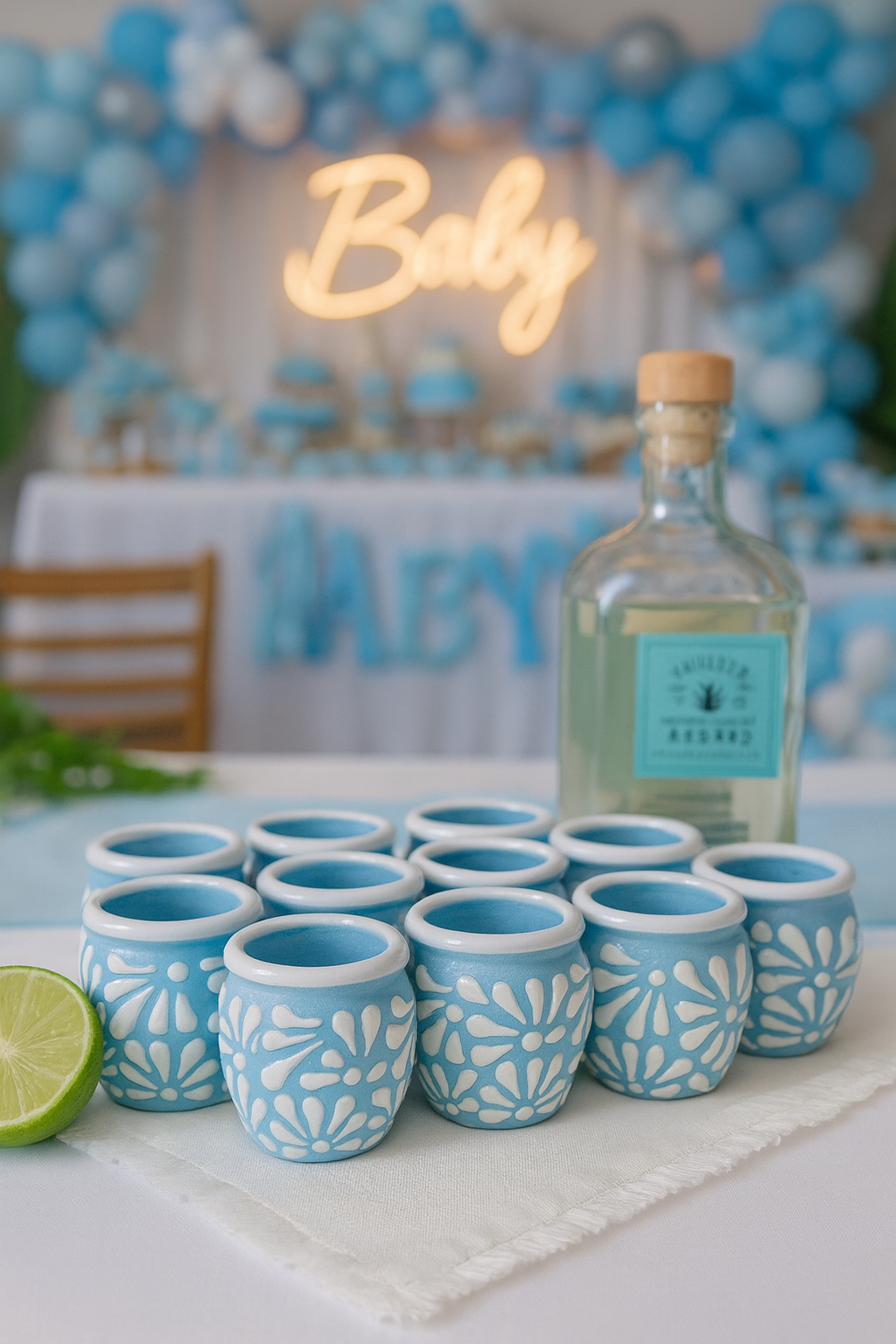 Set of 12 - Talavera Blue Tequila Shot Glasses - Mexican Ceramic Floral Design