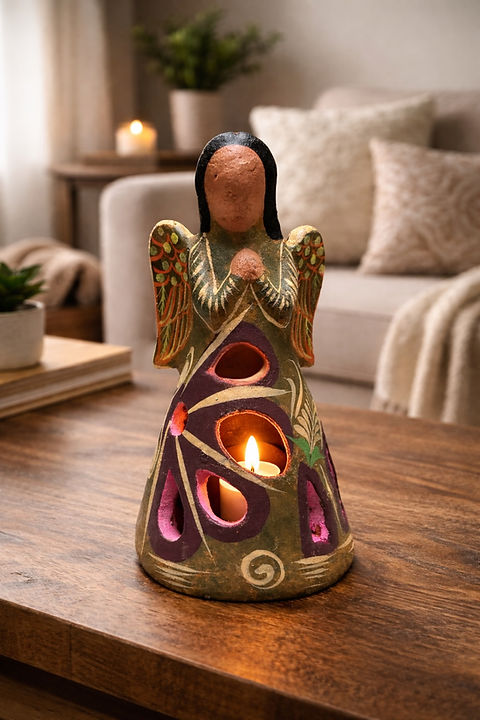 Talavera Angel Candle Holder | Painted Tabletop Décor | Green