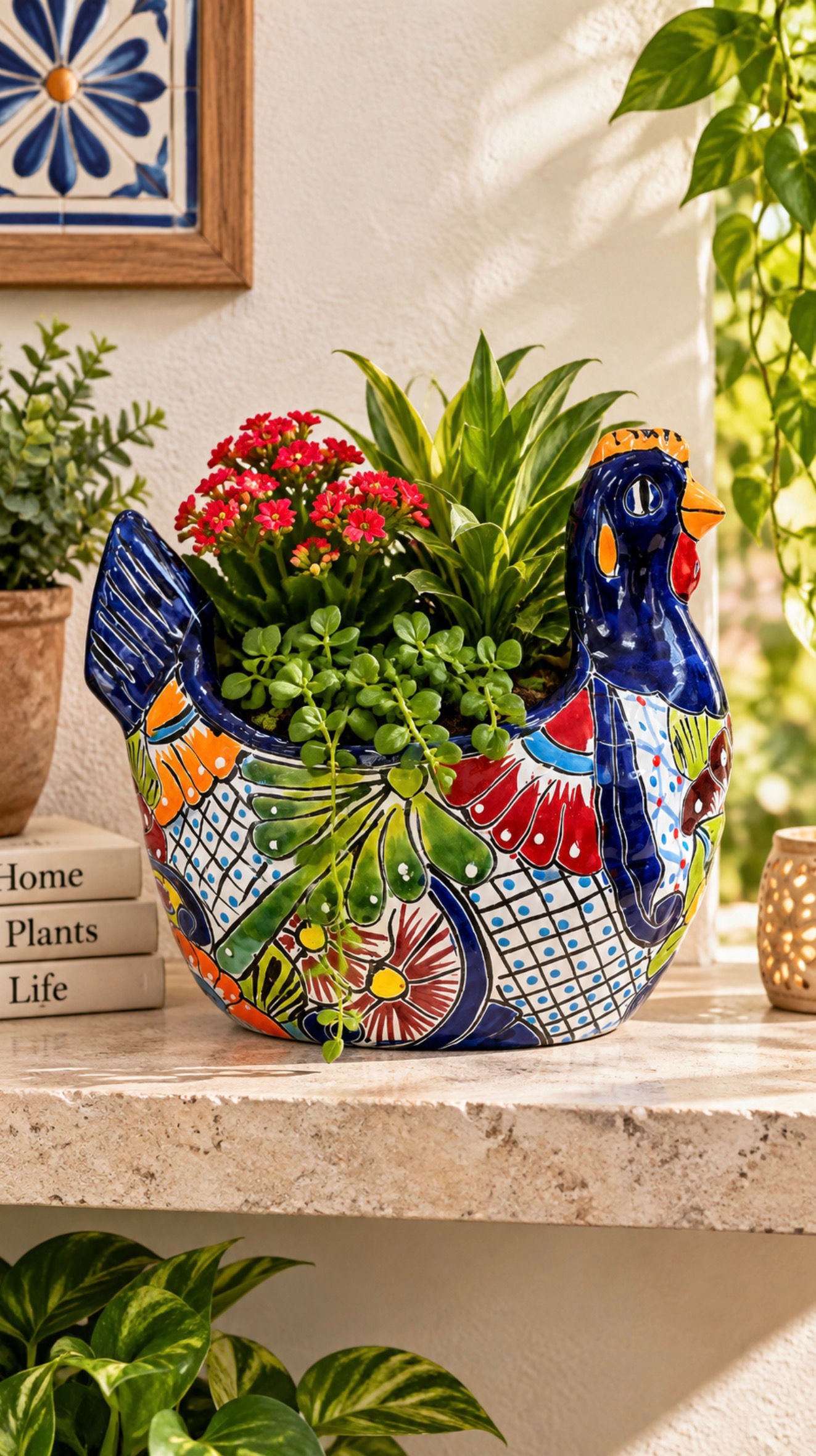 Talavera Chicken Planter – Colorful Hand-Painted Ceramic Garden Pot