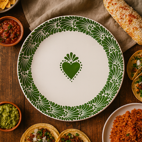 Handmade Talavera Heart Design Plates (Set of 4) | Green & White