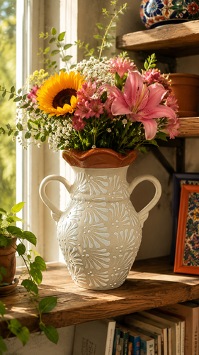 Handcrafted White & BrownTalavera Style Double Handle Flower Vase