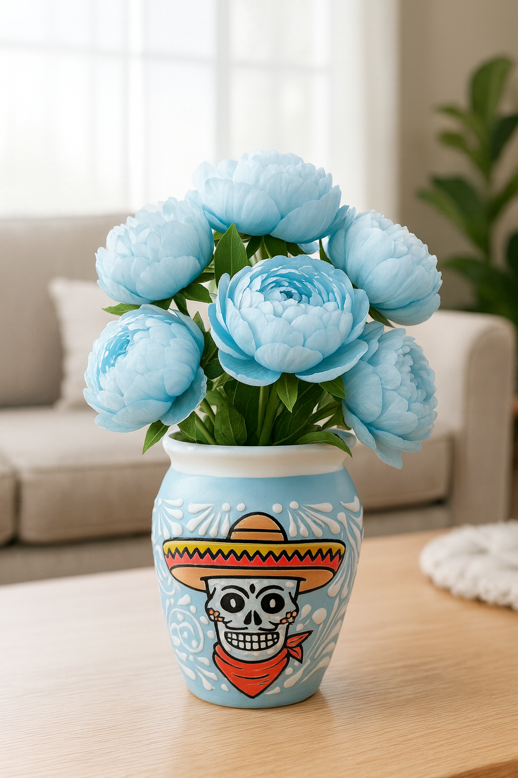 Talavera Blue Skull Sombrero with White Swirl Flower Vase & Rim – Lead Free