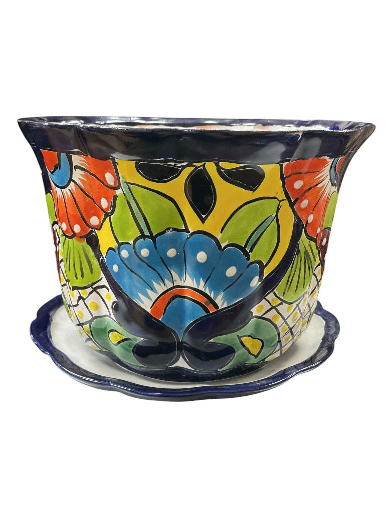 Thumbnail: Handcrafted Talavera Planter with Drainage Tray Colorful Mexican Ceramic Flower 