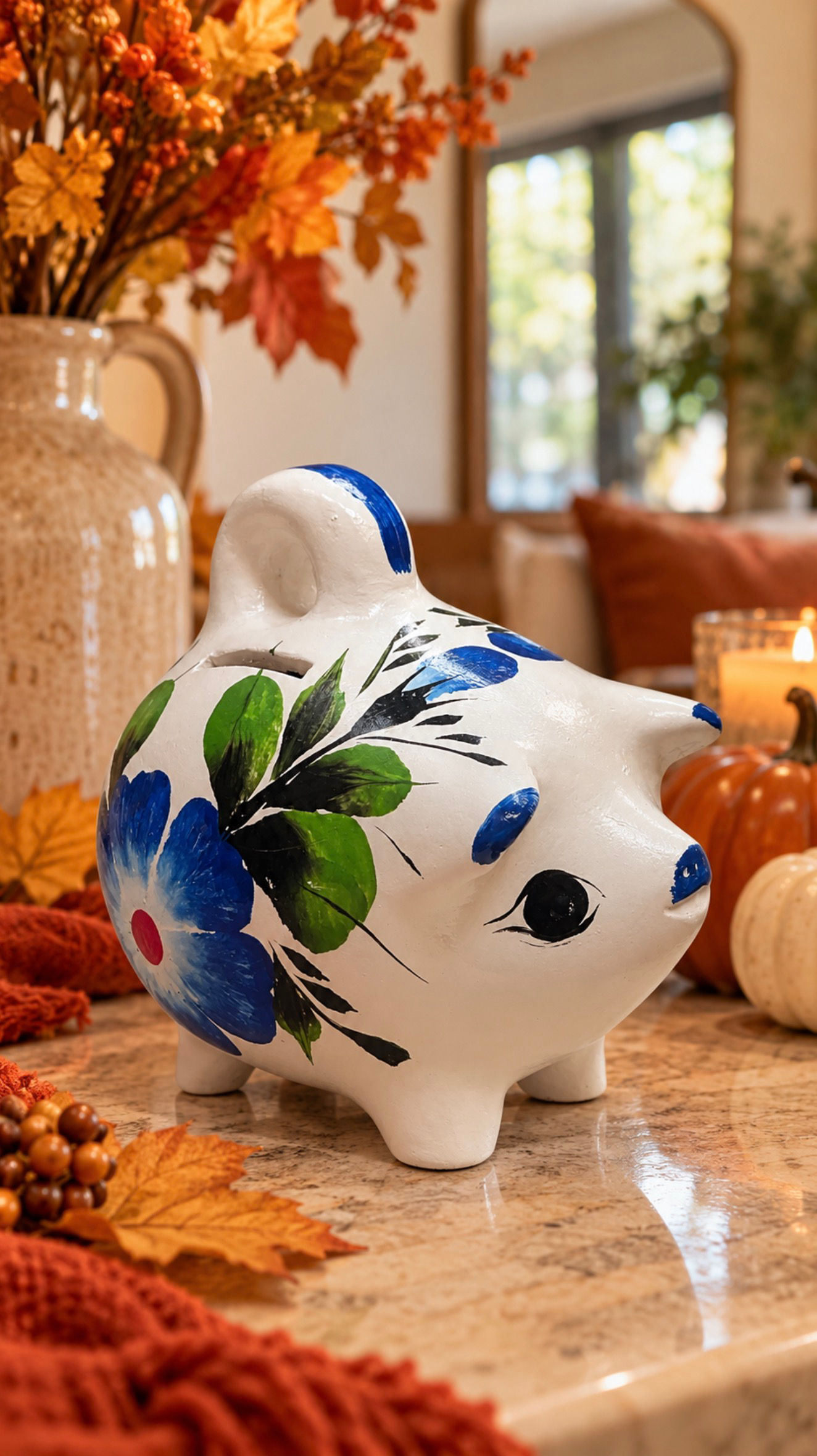 Hand-Painted Blue Floral Piggy Bank