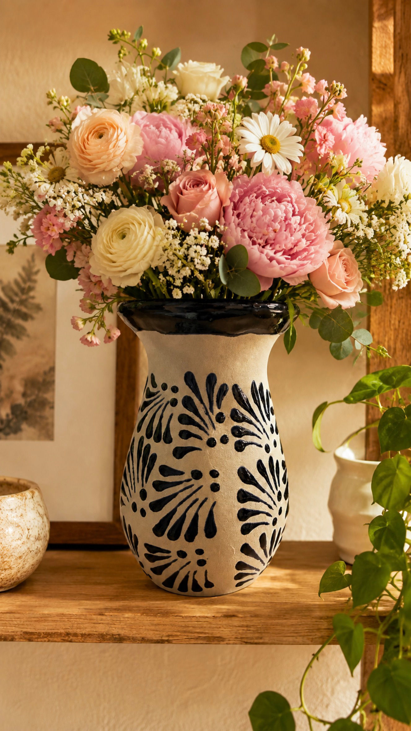 Hand Painted Cobalt Blue And White Flower Vase