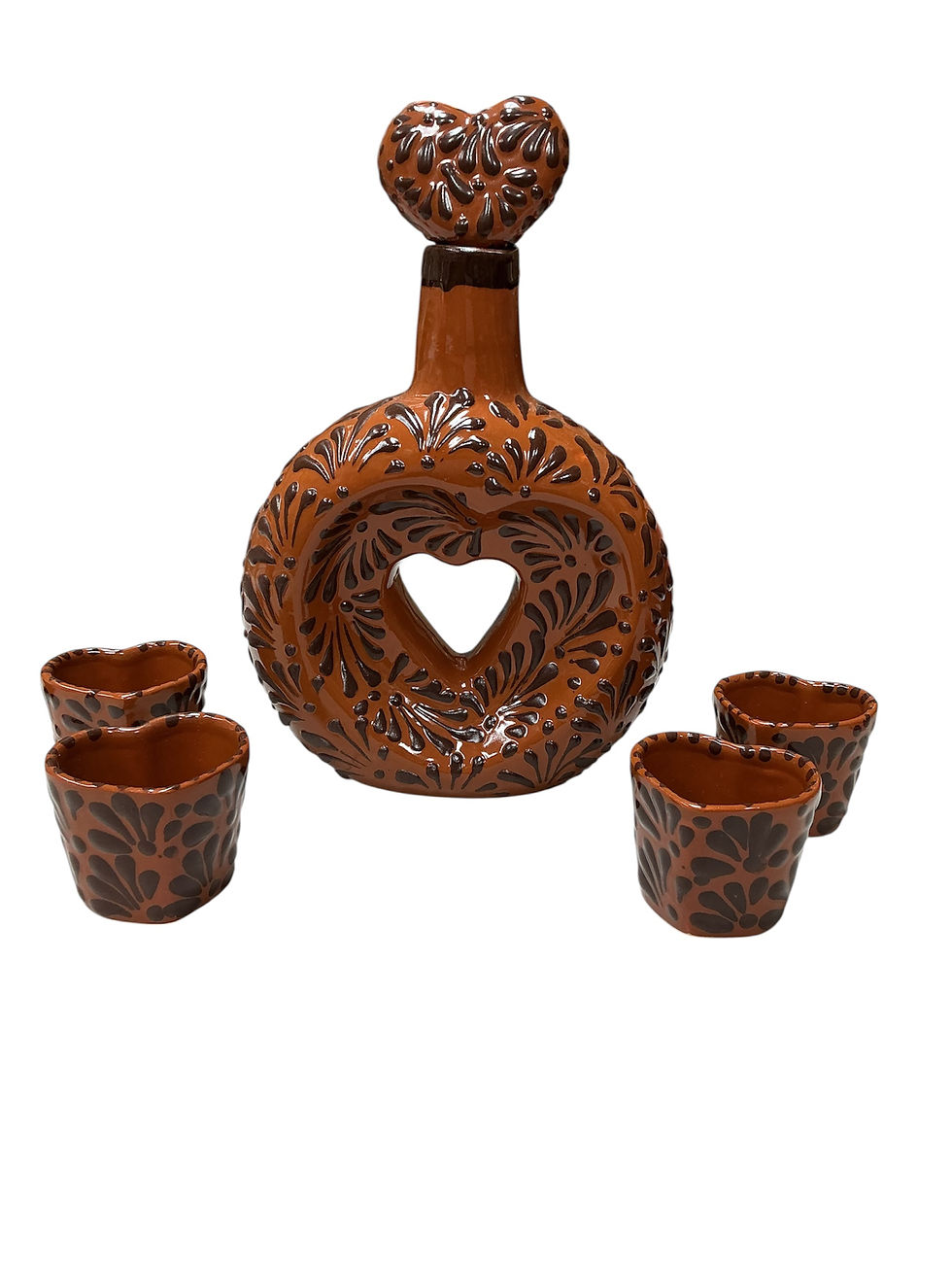 Thumbnail: Talavera Heart Tequila Set with Shot Glasses | Brown Color